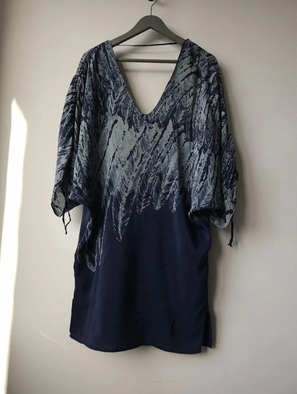 Ramona Larue Silk Blue Colorway Scrunch Shoulder V-Neck Caftan Dress